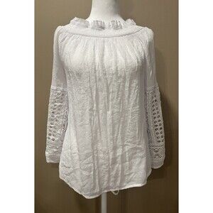 Feminine Ladies Gauzy White Top w/ Crochet Accent On Long Sleeves Angel Boho M